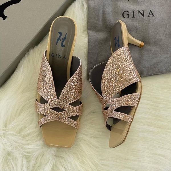 194 Gina Metallic Leather Crystal Embellished Roma High Heels Pumps Sandals Bronze - Image 1
