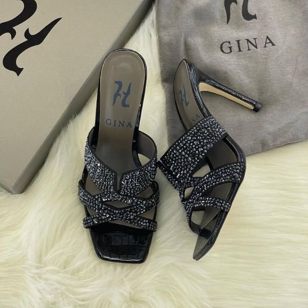 195 Gina Metallic Leather Crystal Embellished Roma High Heels Pumps Sandals Black - Image 1