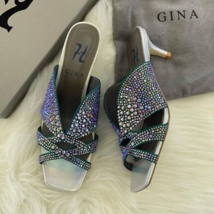 Gina Metallic Leather Crystal Embellished Roma High Heels Pumps Sandals Silver Multicolor