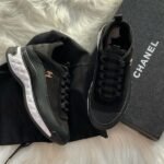 Chanel Nylon And Suede Interlocking Gold CC Logo Low Top Casual Sports Athletic Sneakers Trainers Black