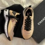 Chanel Nylon And Suede Interlocking Gold CC Logo Low Top Casual Sports Athletic Sneakers Trainers Beige