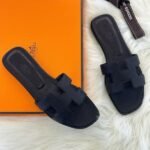 Hermès Oran Leather Flat Sandals Slip-Ons Slides Black