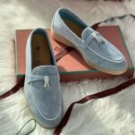 Loro Piana Charm Suede Loafers Slip On Shoes Blue White Lining - Image 2
