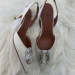 Amina Muaddi Camelia Crystal Buckle Slingback Pumps Pointed Heels Sandals White