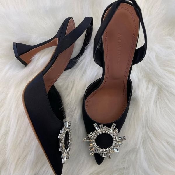 27 Amina Muaddi Begum 95mm Satin Slingback Pumps Pointed Heels Sandals Black - Image 1