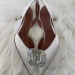 Amina Muaddi Camelia Crystal Buckle Slingback Pumps Pointed Heels Sandals White - Image 2