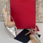 Valentino Vlogo Cystal Signature Patent Leather Slingback Pump Heels Pointed Toe 80mm Silver