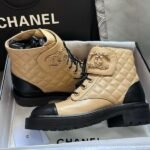 Chanel Quilted Leather Gold-Tone CC Logo Combat Lace Up Boots Beige - Image 2