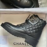 Chanel Quilted Leather Gold-Tone CC Logo Combat Lace Up Boots Black - Image 3