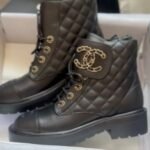 Chanel Quilted Leather Gold-Tone CC Logo Combat Lace Up Boots Black