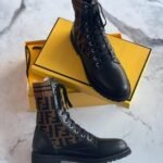 Fendi Black Leather FF Junior Biker Boots Stretch Fabric Black Brown Stripes - Image 2