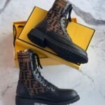 Fendi Black Leather FF Junior Biker Boots Stretch Fabric Black Brown Stripes