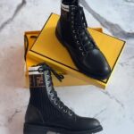 Fendi Black Leather FF Junior Biker Boots Stretch Fabric Black White Brown Stripes - Image 2