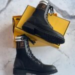 Fendi Black Leather FF Junior Biker Boots Stretch Fabric Black White Brown Stripes