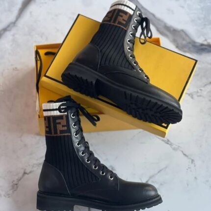 Fendi Black Leather FF Junior Biker Boots Stretch Fabric Black White Brown Stripes