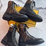 Fendi Black Leather FF Junior Biker Boots Stretch Fabric Black White Brown Stripes - Image 3