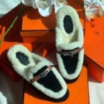 Hermès Shearling Mules Loafers Slip-On Slides Black