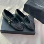 Chanel Lambskin & Patent Calfskin Mary Jane Ballet Flats Shoes Sandals Black