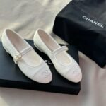 Chanel Lambskin & Patent Calfskin Mary Jane Ballet Flats Shoes Sandals White