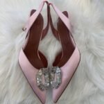 Amina Muaddi Camelia Crystal Buckle Slingback Pumps Pointed Heels Sandals Peach Pink - Image 2