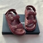Chanel Quilted Leather CC Velcro Flats Shoes Sandals Burgundy
