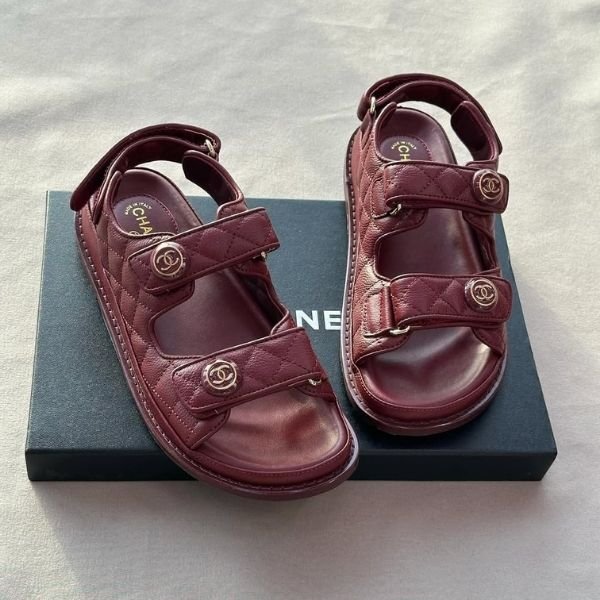 374 Chanel Quilted Leather CC Velcro Flats Shoes Sandals Burgundy - Image 1