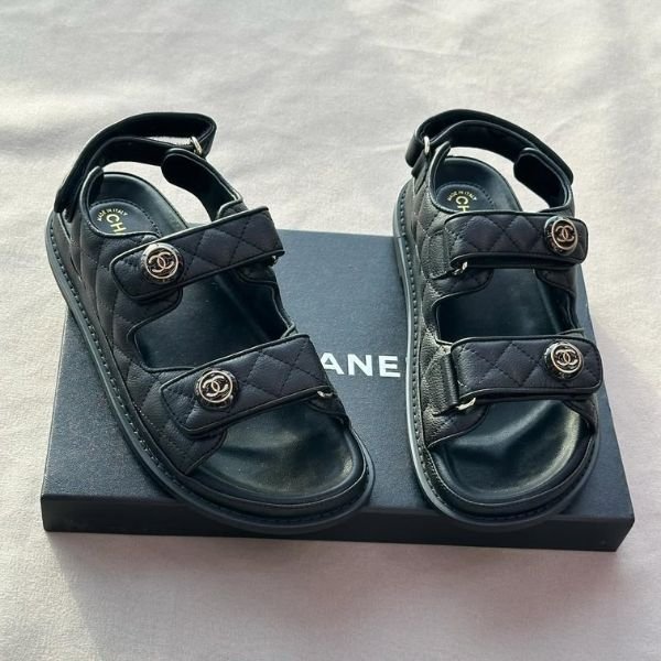 375 Chanel Quilted Leather CC Velcro Flats Shoes Sandals Black - Image 1
