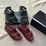 Chanel Quilted Leather CC Velcro Flats Shoes Sandals Burgundy - Image 2