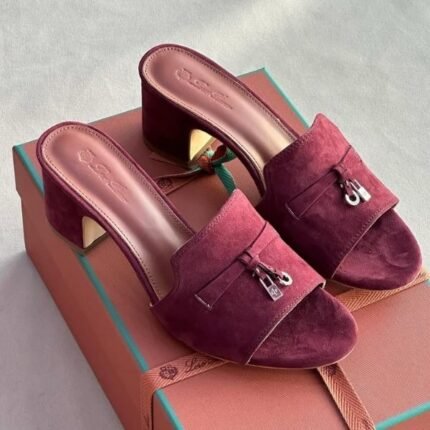 Loro Piana Women's Suede Charm Heels Sandals Shoes Burgundy Pink