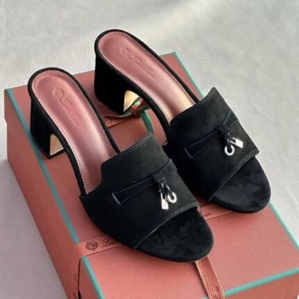 Loro Piana Women's Suede Charm Heels Sandals Shoes Black Pink