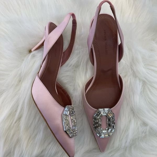 38 Amina Muaddi Camelia Crystal Buckle Slingback Pumps Pointed Heels Sandals Peach Pink - Image 1