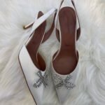 Amina Muaddi Rosie Leather Crystal Bow 60mm Slingback Pumps Pointed Heels Sandals White