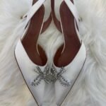 Amina Muaddi Rosie Leather Crystal Bow 60mm Slingback Pumps Pointed Heels Sandals White - Image 2