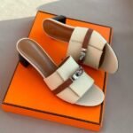 Hermès Gigi Giulia 50mm Block Heels Sandals Slip-Ons Beige & Tan