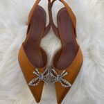 Amina Muaddi Rosie Leather Crystal Bow 60mm Slingback Pumps Pointed Heels Sandals Mustard Yellow - Image 2