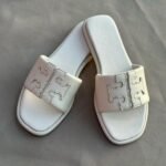 Tory Burch Black Leather Double T Flats Slides Slip-Ons Sandals White