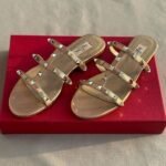 Valentino Leather Rockstud Flats Slide Sandals Slip-Ons Nude Beige