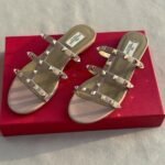 Valentino Leather Rockstud Flats Slide Sandals Slip-Ons Pink