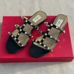 Valentino Leather Rockstud Flats Slide Sandals Slip-Ons Black