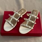 Valentino Leather Rockstud Flats Slide Sandals Slip-Ons White