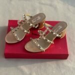 Valentino Leather Rockstud Block Heels Slide Sandals Nude Beige