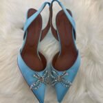 Amina Muaddi Rosie Leather Crystal Bow 60mm Slingback Pumps Pointed Heels Sandals Cyan Blue - Image 2