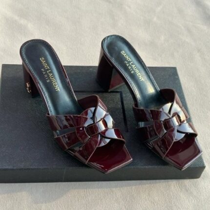 Saint Laurent Tribute Comfort Sandals Slide Heels Maroon Glossy