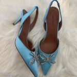 Amina Muaddi Rosie Leather Crystal Bow 60mm Slingback Pumps Pointed Heels Sandals Cyan Blue