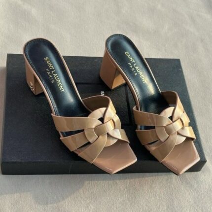 Saint Laurent Tribute Comfort Sandals Slide Heels Beige Glossy