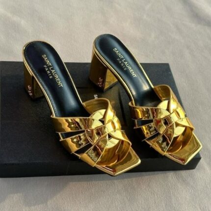 Saint Laurent Tribute Comfort Sandals Slide Heels Gold Glossy