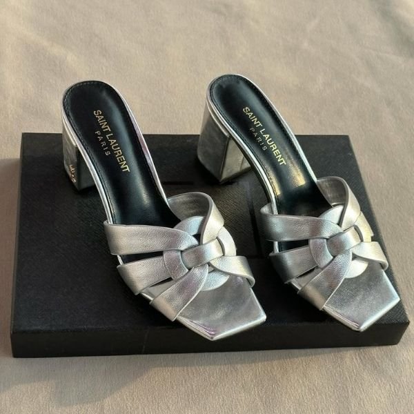 487 Saint Laurent Tribute Comfort Sandals Slide Heels Silver - Image 1