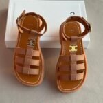 Celine Clea Triomphe Calfskin Gladiator Sandals Heeled Flats Orange