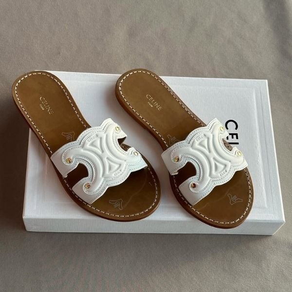500 (10) Celine Triomphe Calfskin Mules Slides Flats Slip-Ons Sandals White - Image 1