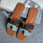 Hermès Oran Flat Sandals Slip-Ons Slides Black & Blue Denim - Image 3